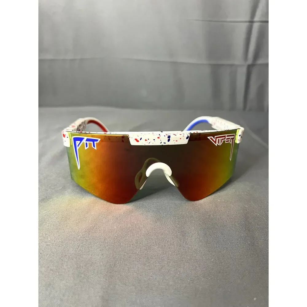 Pit Viper white splatter sunglasses with red and blue accents